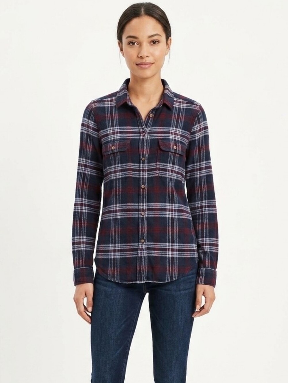 AMERICAN EAGLE Viscose Plaid Flannel Button Down Shirt Slim XS/M Navy Maroon